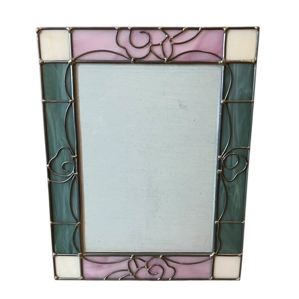 Stained Glass Photo Frame 5x7” Leaded Glass Pink Green White Floral